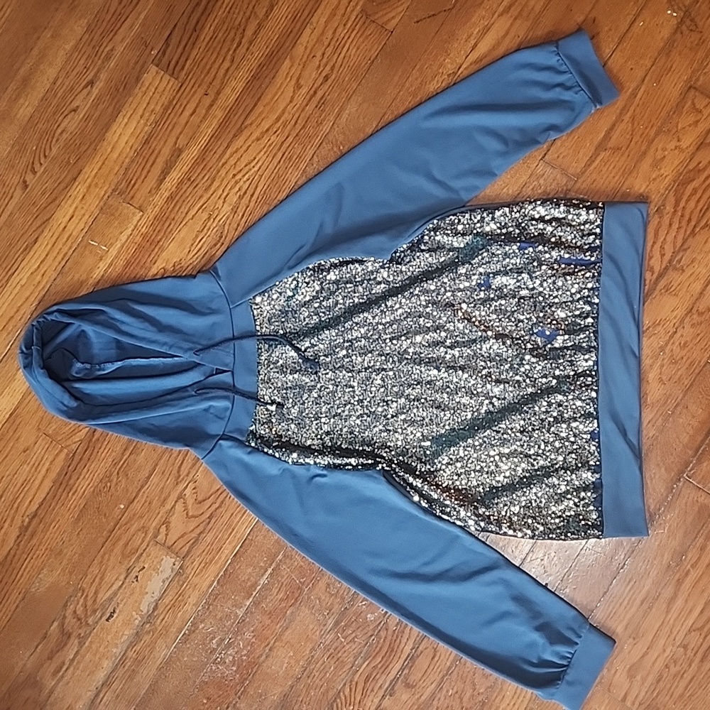 Blue Hoodie with Silver Sequin Front